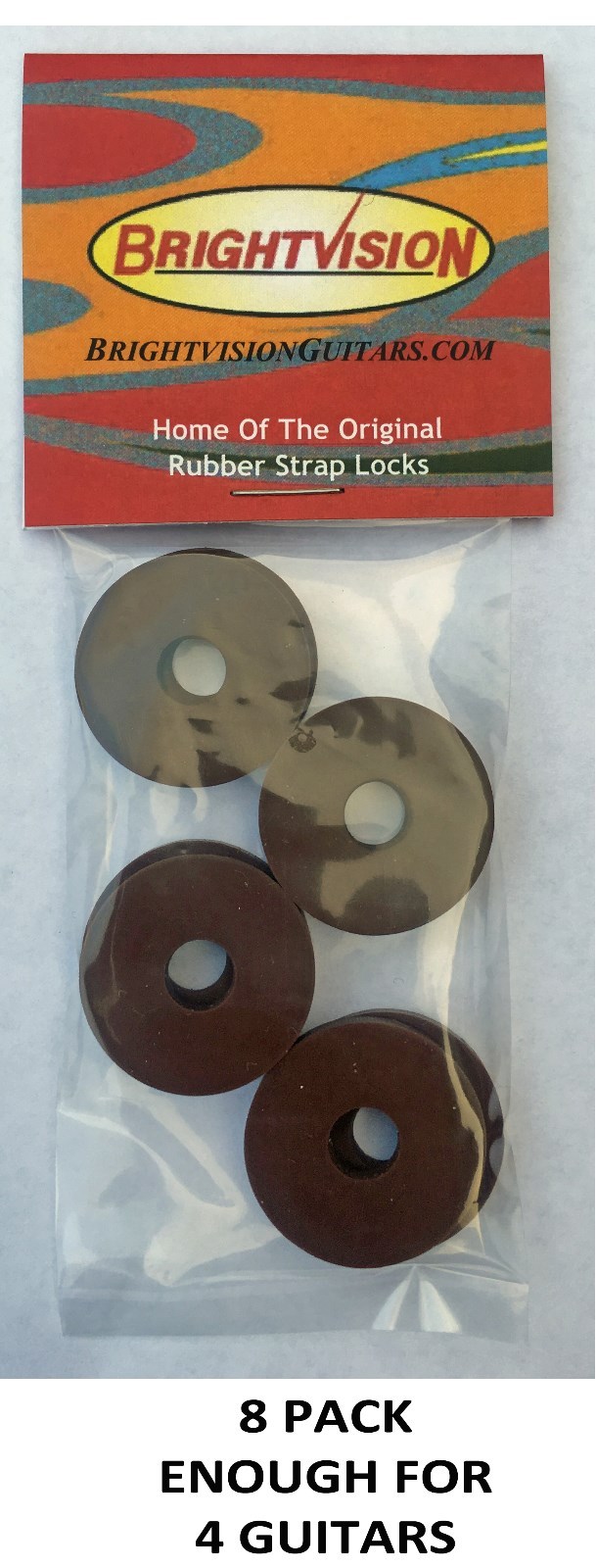 Eight BROWN Rubber Guitar Strap Locks - Grolsch Style - Classic and Reliable