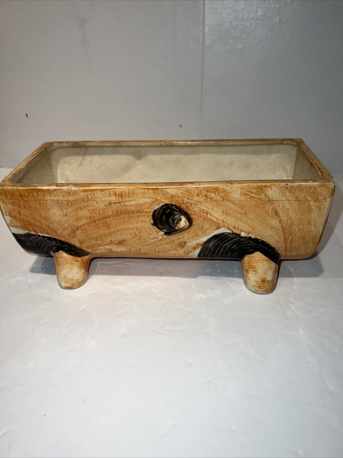 Vintage Brown Ceramic Log Planter Hand Painted Made In Japan