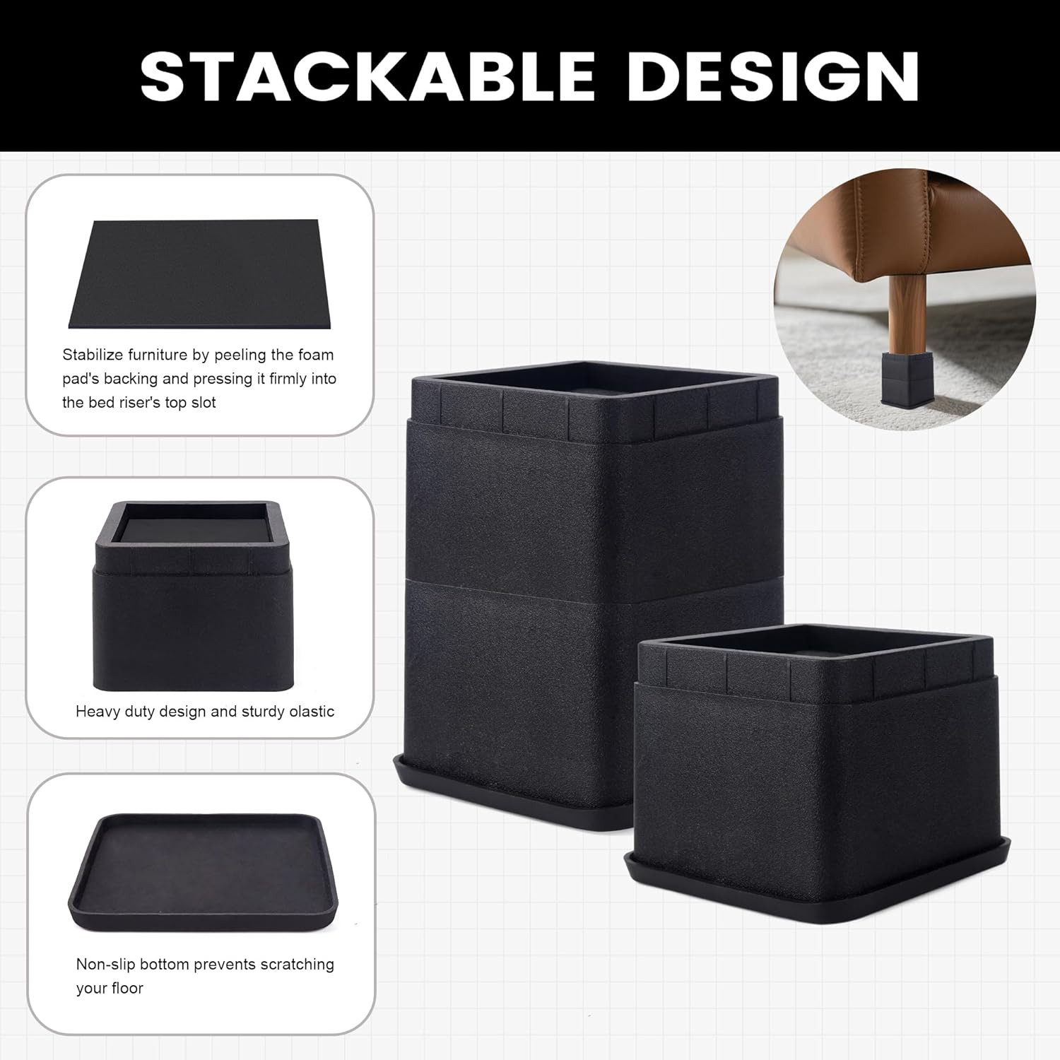 Bed Risers 3 or 6 Inch Heavy Duty Stackable Furniture Risers for College Dorm B
