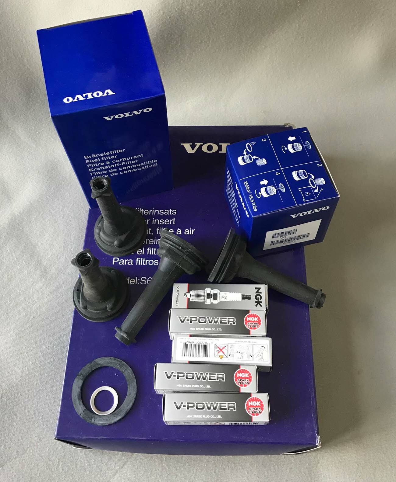 Volvo OEM V70 XC70 S60 tune up air fuel filter spark plugs coil insulators kit