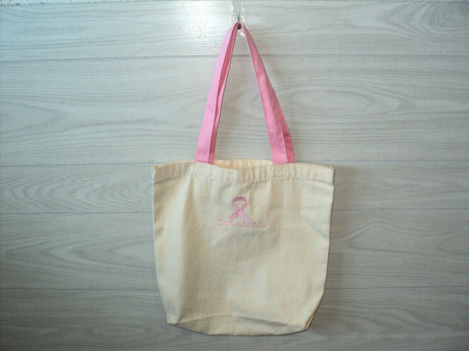 Breast Cancer Survivor Ribbon Tote Bag Natural Cotton Canvas 13" H x 14.5" NEW