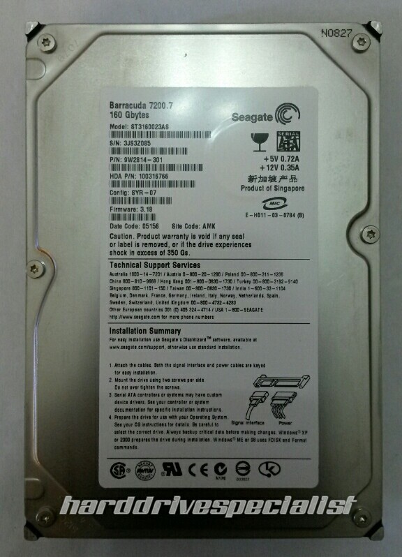 Seagate ST3160023AS 160GB SATA P/N:9W2814-301 Config:SYR-07 F/W:3.18 Site:AMK