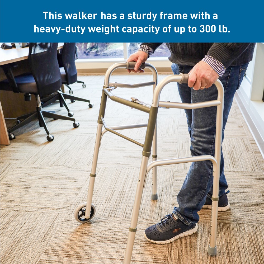 BodyMed Two Button Folding Walker with Wheels, Lightweight Mobility Aid