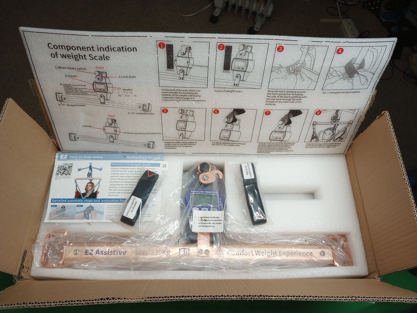 EZ Assistive Patient Lifter Weight Scale 230kg 22.5in Comfort Medical Sling Bar