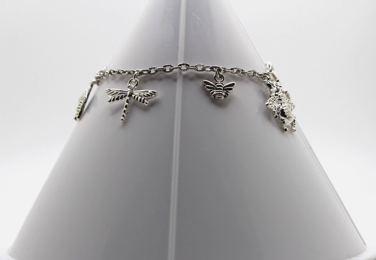 Handcrafted 7.25" silver chain with insect themed charms bracelet