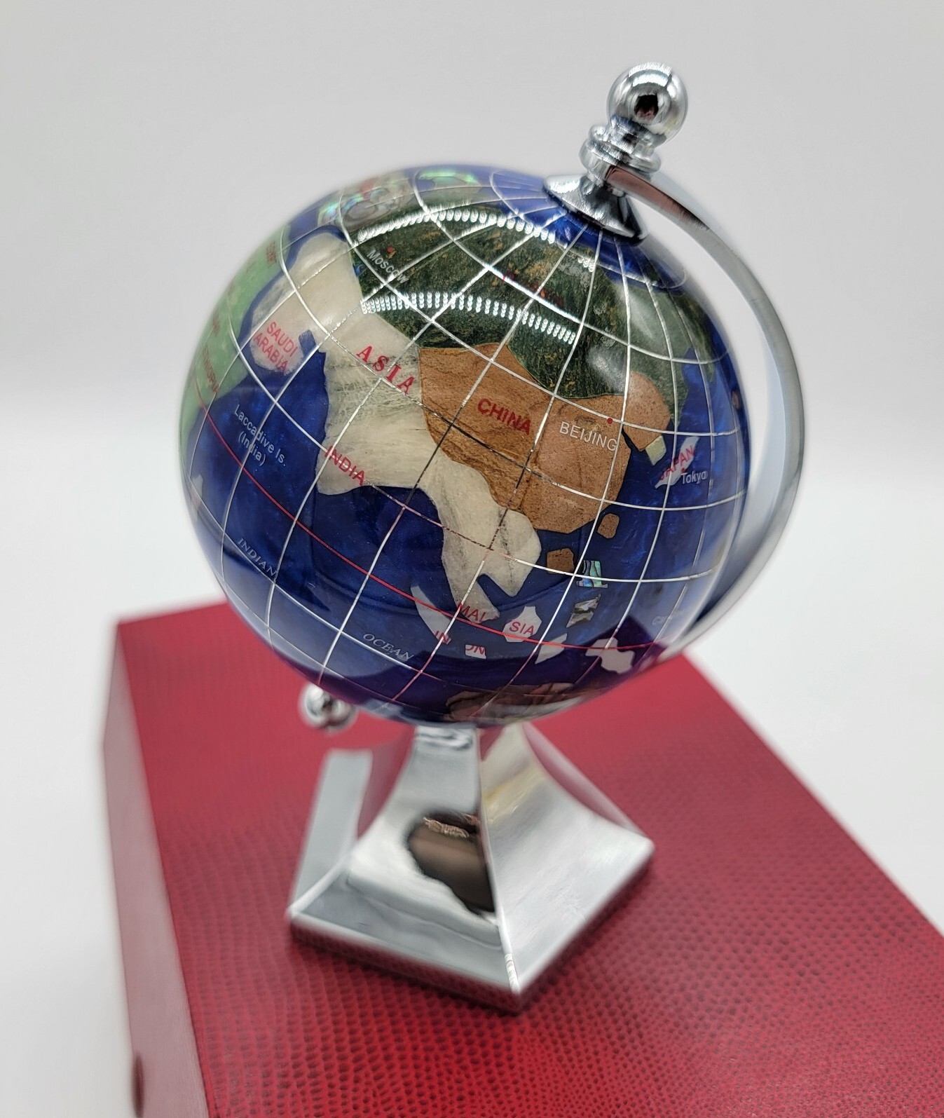 Mini Desktop Globe With Inlaid Gems Silver Base 5 1/2" In Box