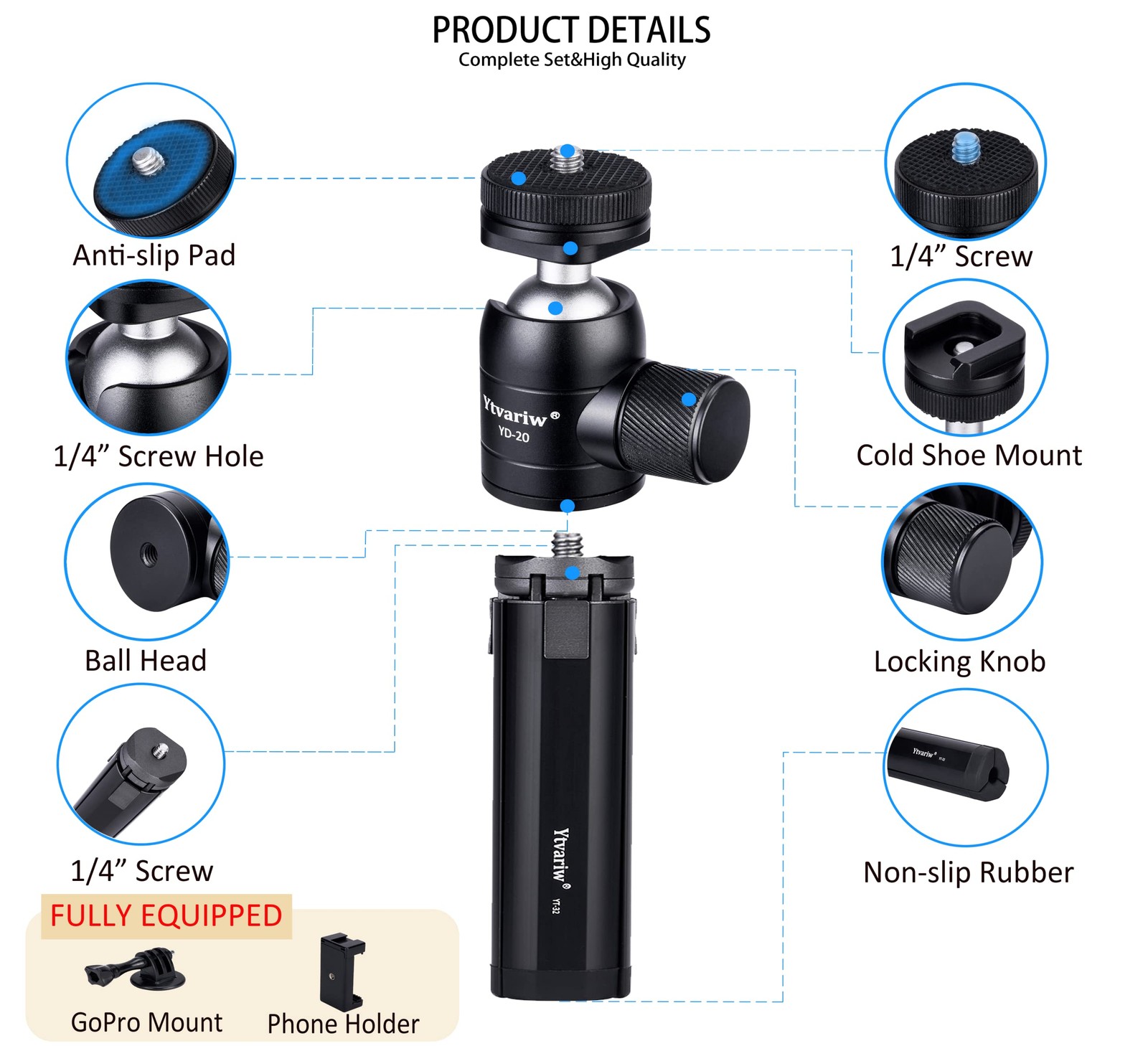 Camera Tripod Mini Ball Head with Cold Shoe Mount,360° Panoramic Size, 1