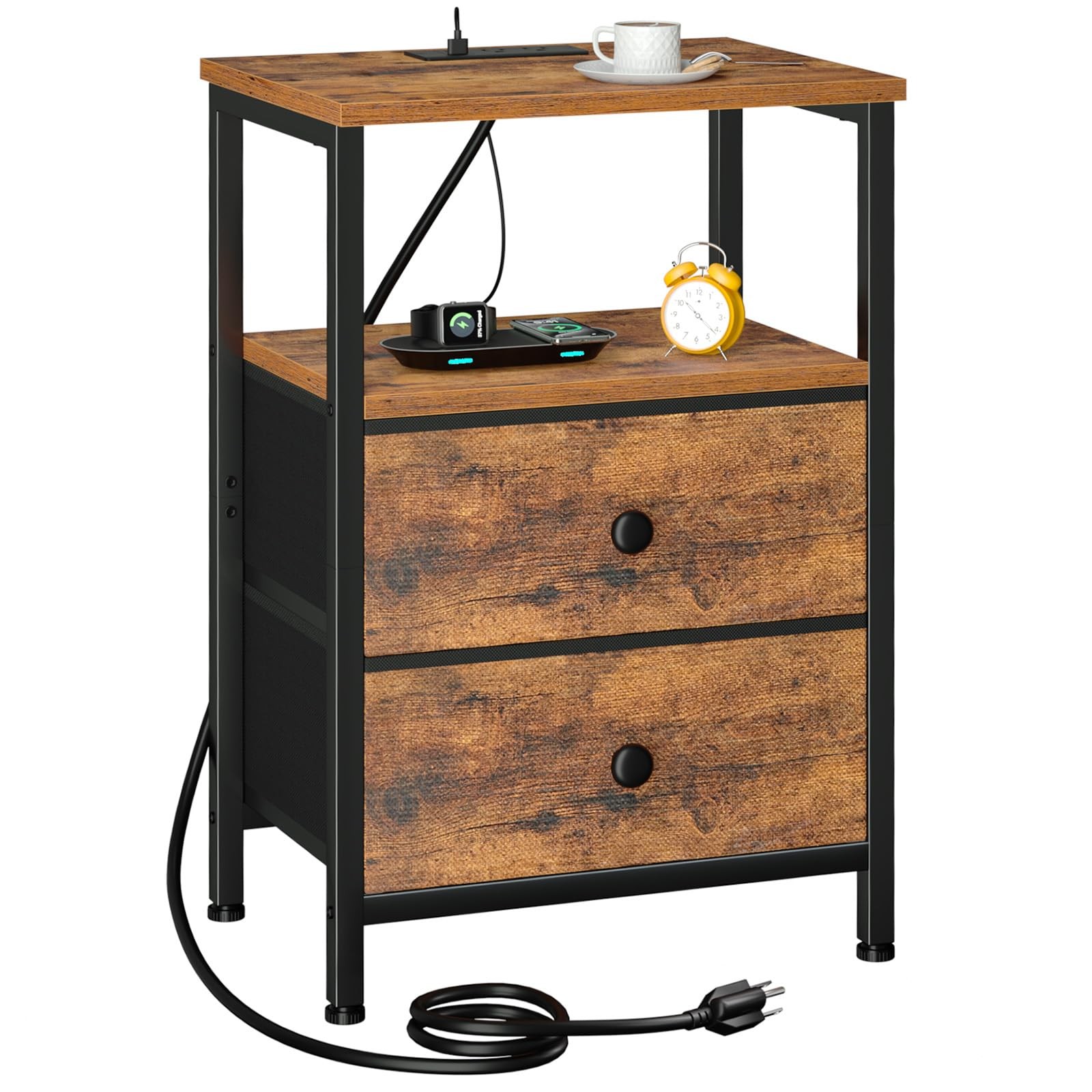 LOAKEKEL Nightstand with Charging Station, End Table with 2 Fabric Drawers, Nigh