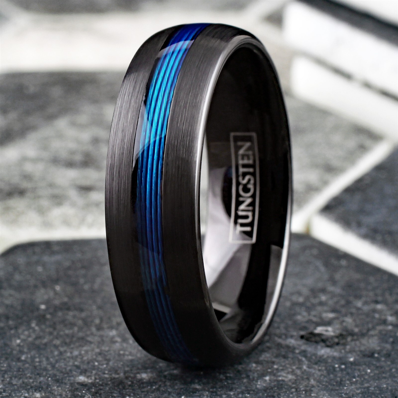 Tungsten Carbide Blue Fishing Line 7mm Brushed Band - Black or Rose Gold Plated