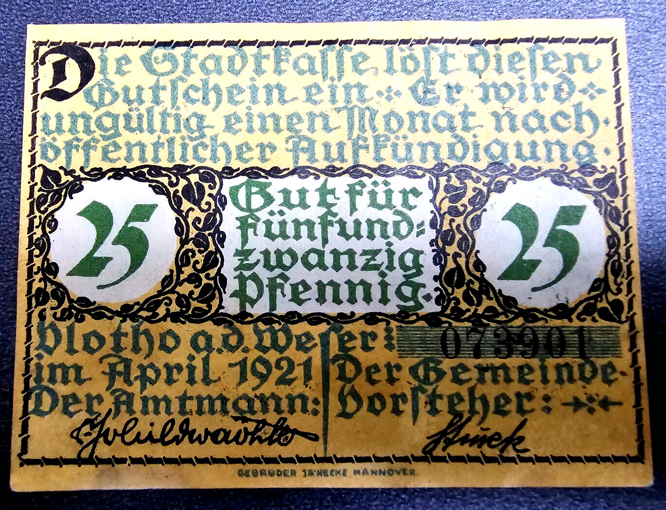 VLOTHO NOTGELD 25 PFENNIG 1921 EMERGENCY MONEY GERMANY BANKNOTE (33414)