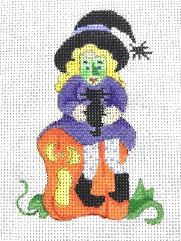 Katie Did 9" Hand Painted Needlepoint Witch on Pumpkin Cat Canvas Pattern