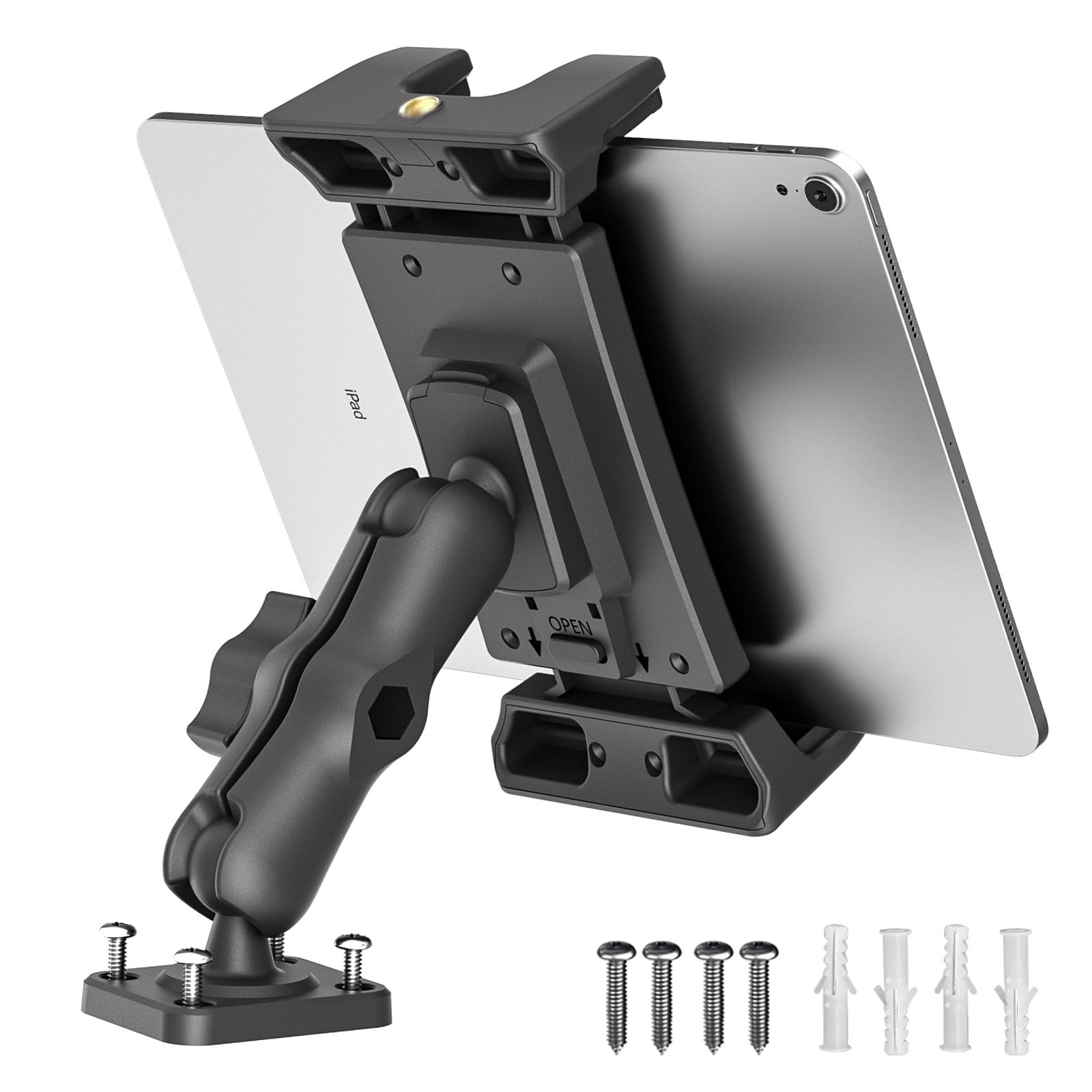 Car Tablet Holder Heavy Duty Drill Base 5"-13" Tablets 4-inch Arm iPad Samsung