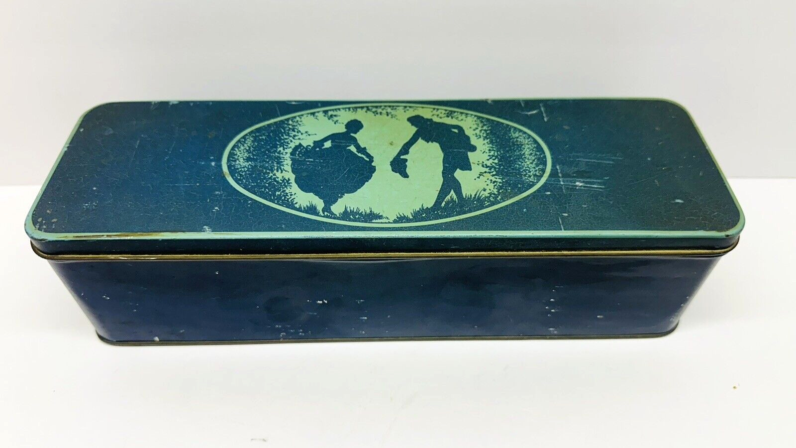Antique Victorian Silhouette Hinged Lid Tin 11.5" x 3.5"