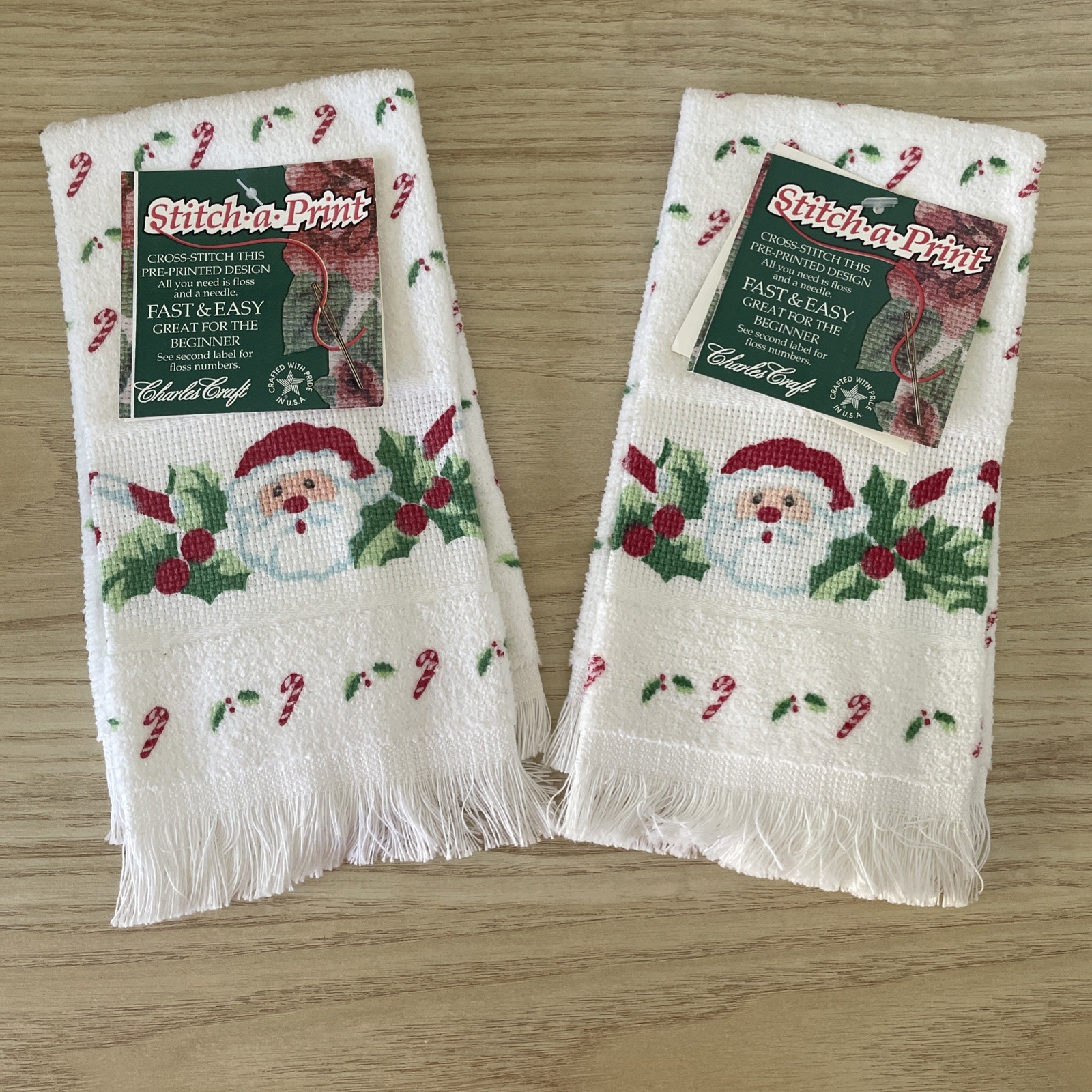 NEW Lot of 2 Towels Stitch-a-Print Charles Craft Christmas Santa & Candy Cane