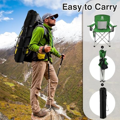 Camping Chair, Portable Folding Outdoor Chair with Arms, Cup Holder and Green