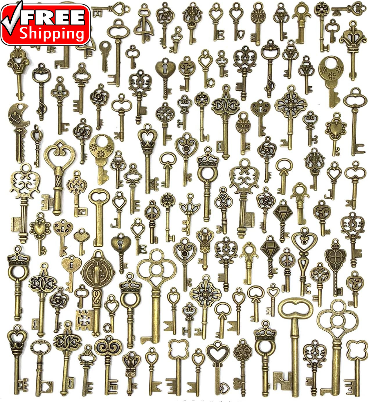125 PCS Vintage Skeleton Key Set Charms,  Mixed Antique Style Bronze Brass for P