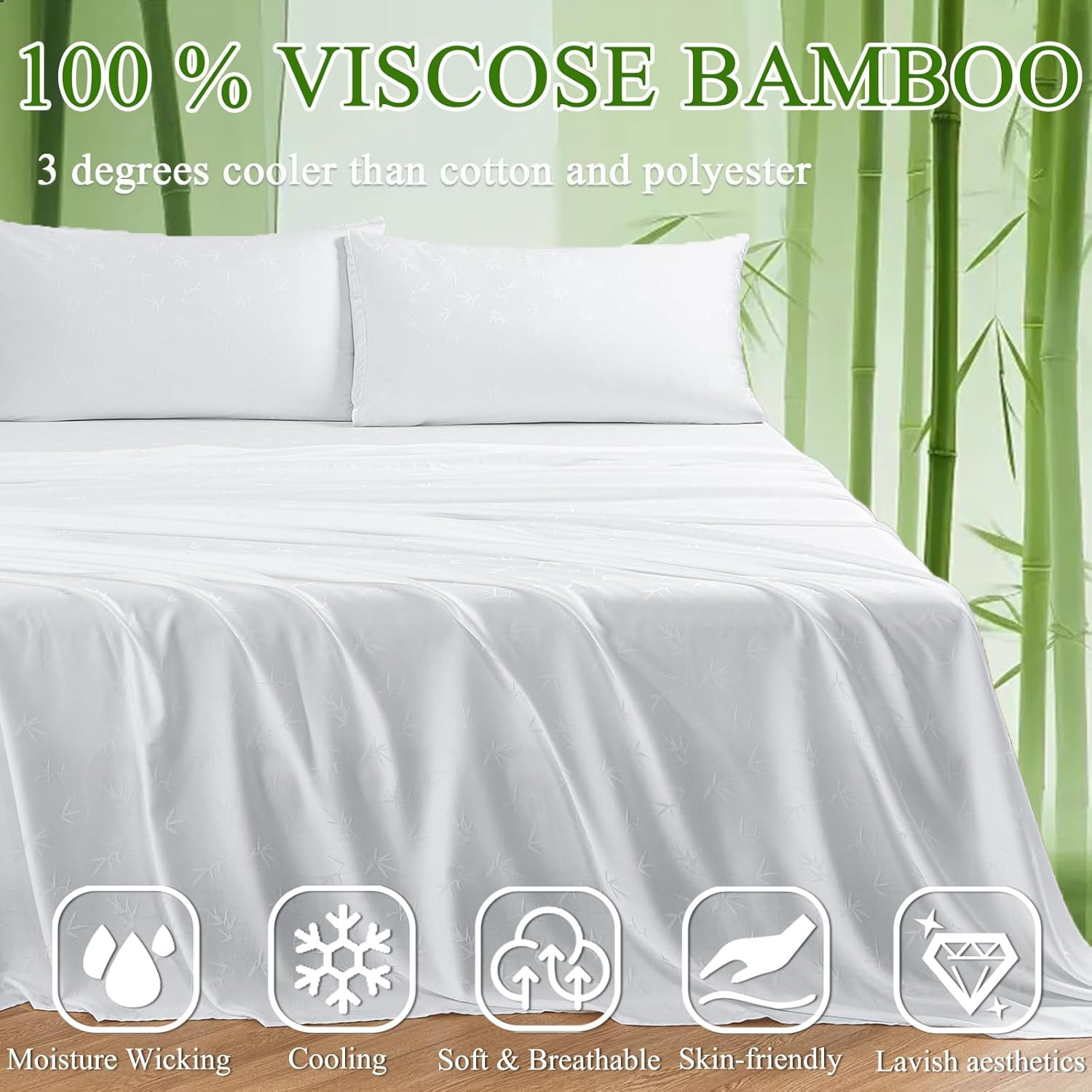 Bamboo Viscose Cooling Sheets, 600 TC, 16" Deep Pocket, Full, White