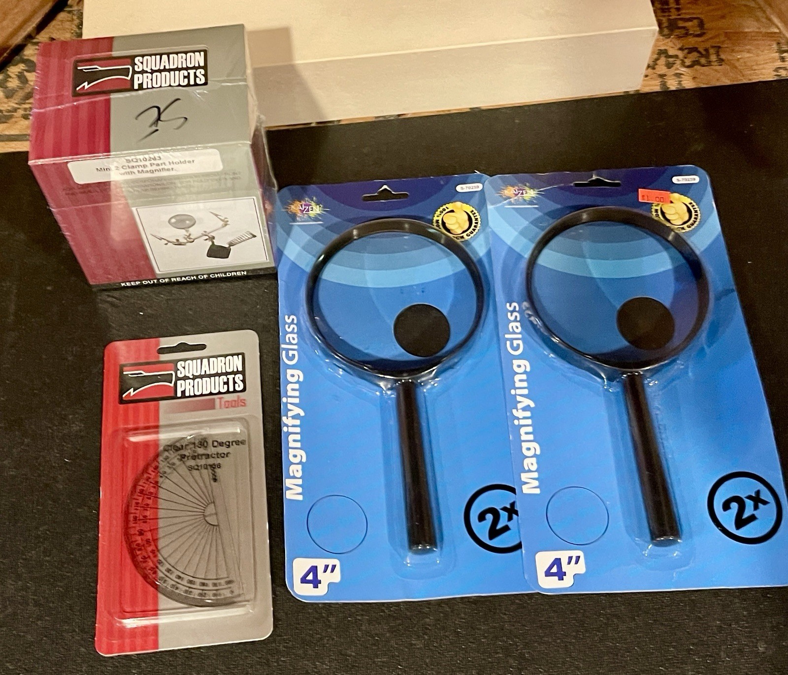 4 Tools For Model Building, Mini Clamp, 2 Magnifiers, 1 Protractor NIB SE28