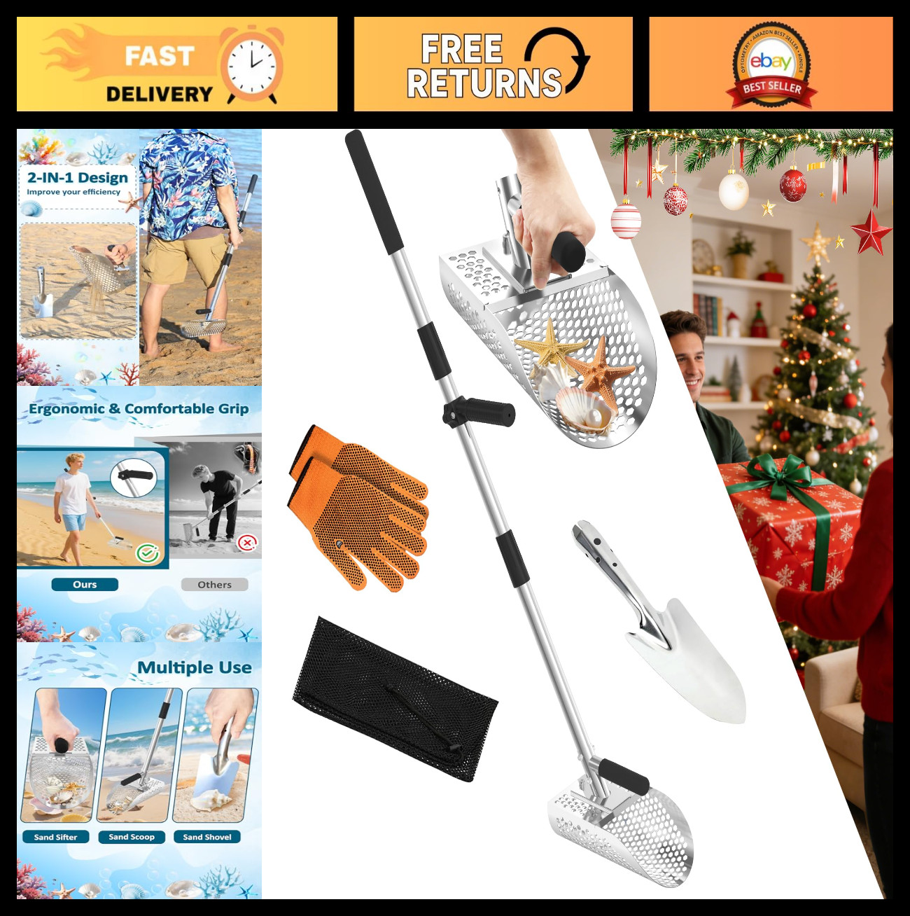 Stainless Steel Sand Scoop for Metal Detecting - Beach Shovel & Sifter Tool