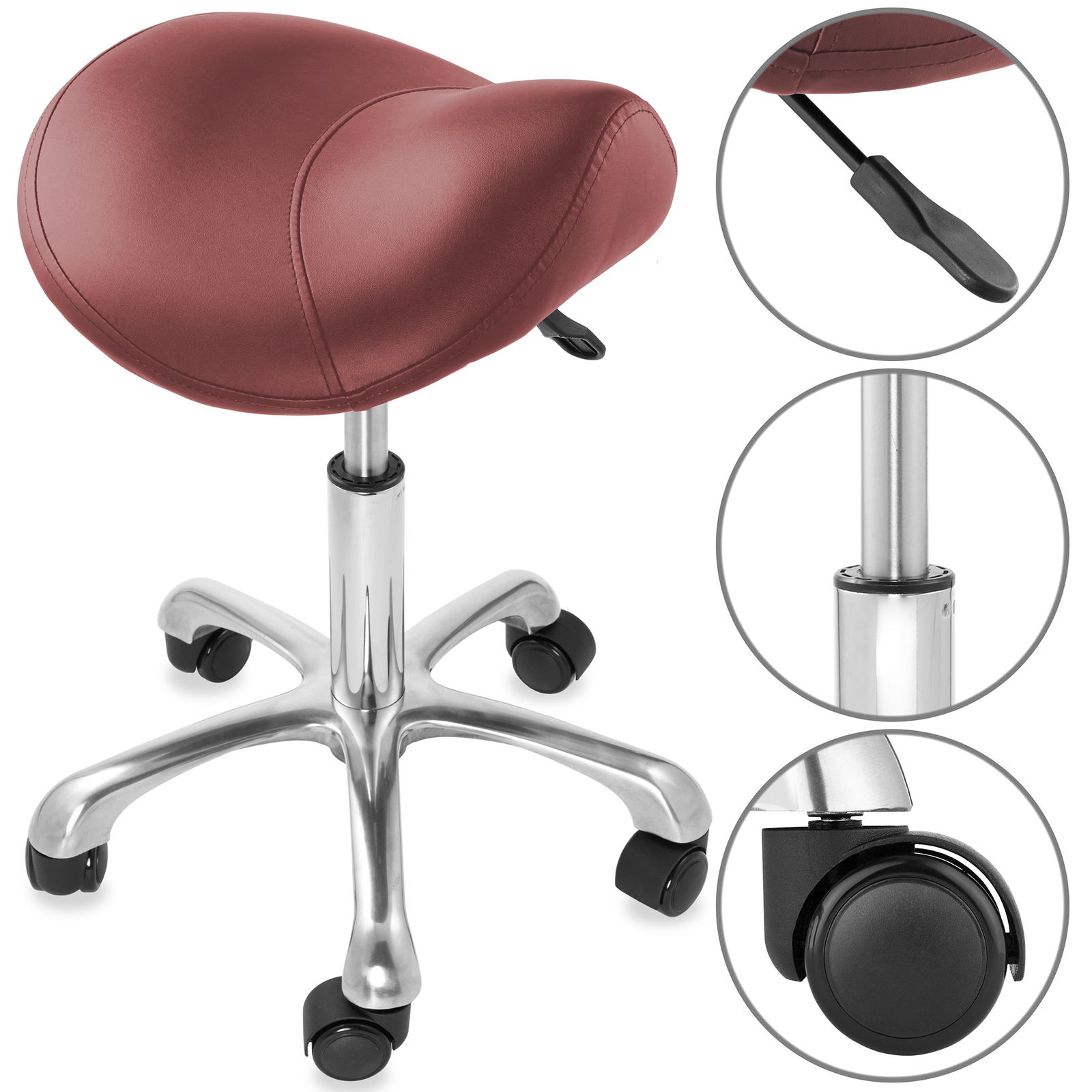 Hydraulic Adjustable Rolling Saddle Stool - Ergonomic, Swivel Wheels - Burgundy