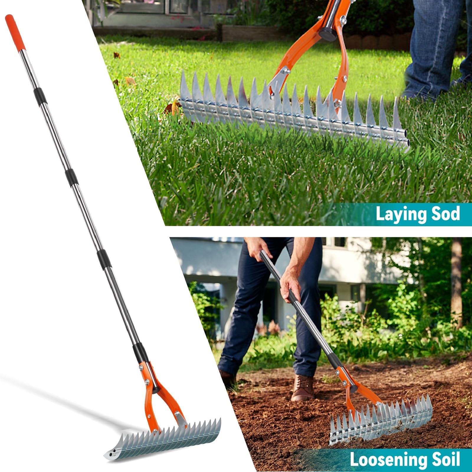 Thatch Rake for Lawns, 15" Heavy Duty Metal Dethatcher Rake with 5FT Handle, ...