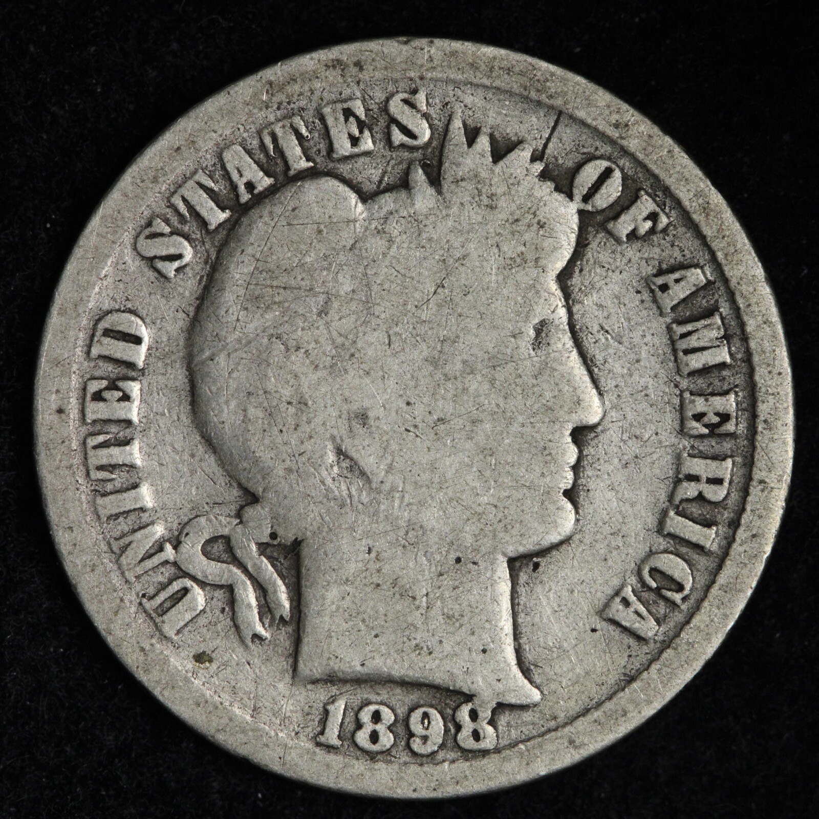 1898 Die Cud Error Barber Silver Dime E225 T