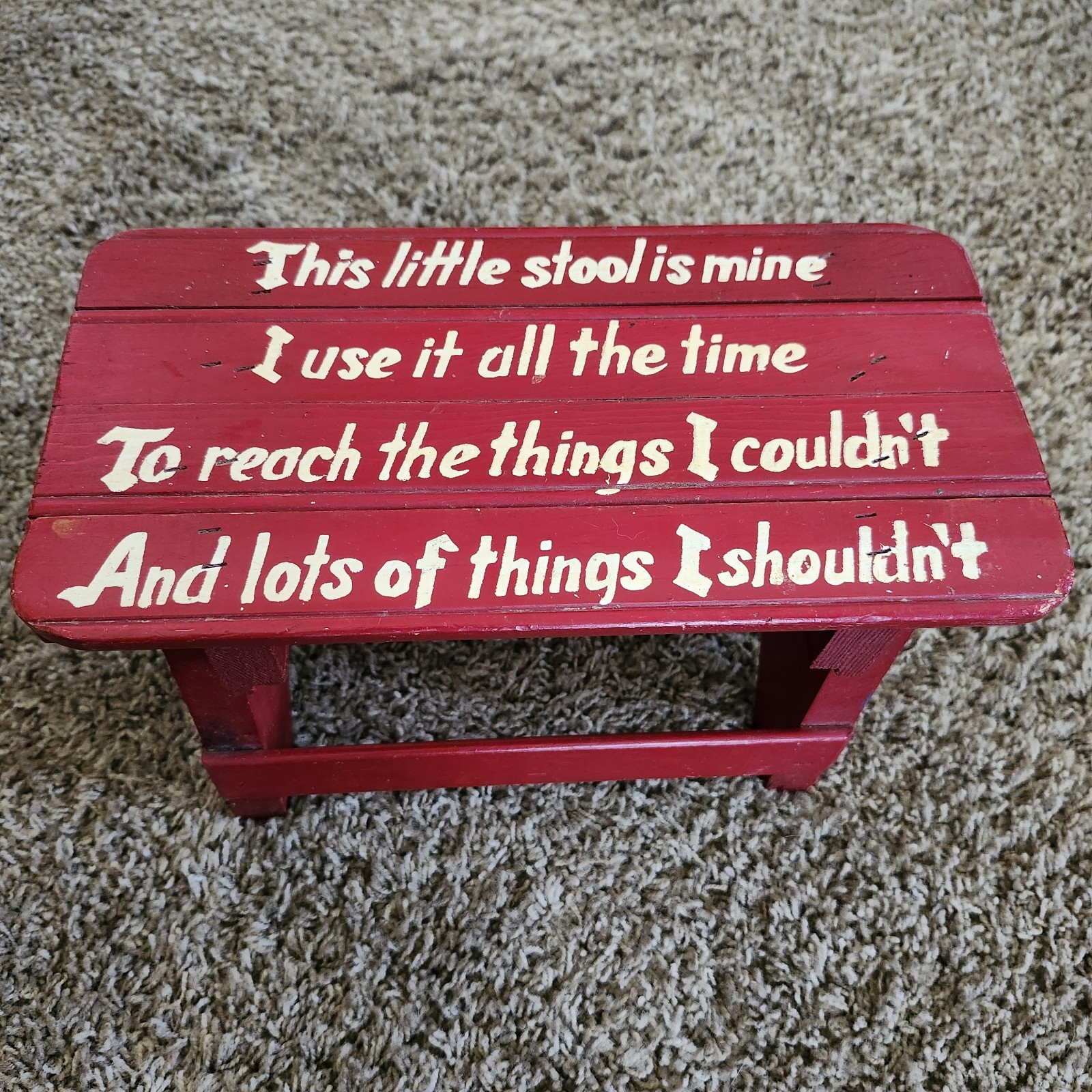 Vintage Red Child's Wood Step Stool "This little stool is mine..."