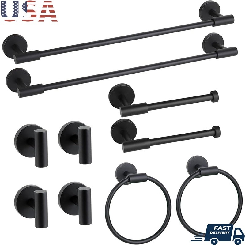 10 Piece Bathroom Hardware Set Wall Mounted Towel Bar & Hooks Accessories New