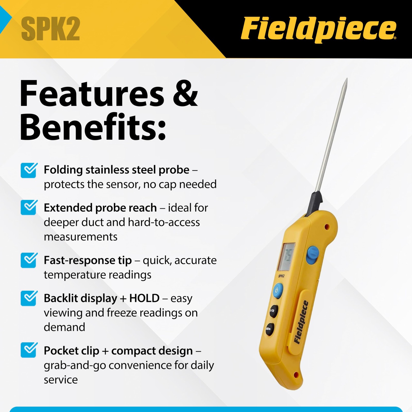 Fieldpiece SPK2 Pocket Thermometer – Folding Probe Digital Temperature Meter ...