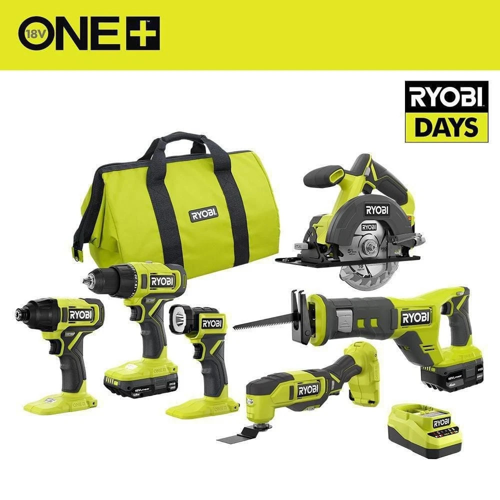 RYOBI ONE+ 18V Cordless 6-Tool Combo Kit w/ 1.5 Ah & 4.0 Ah Batteries, Charger