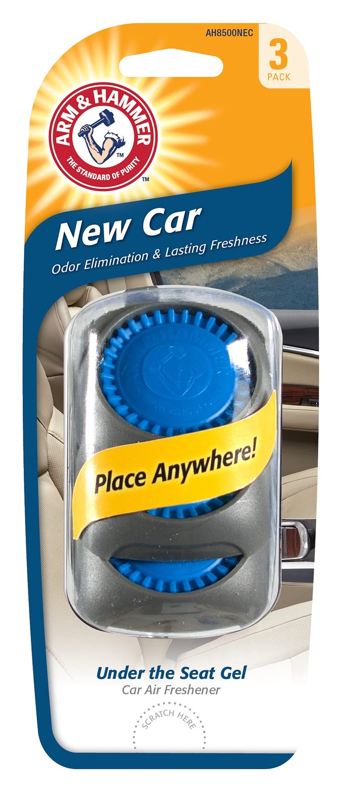 Arm & Hammer AH8500NEC Under The Seat Air Freshener, New Car, 3 3 Count, Blue