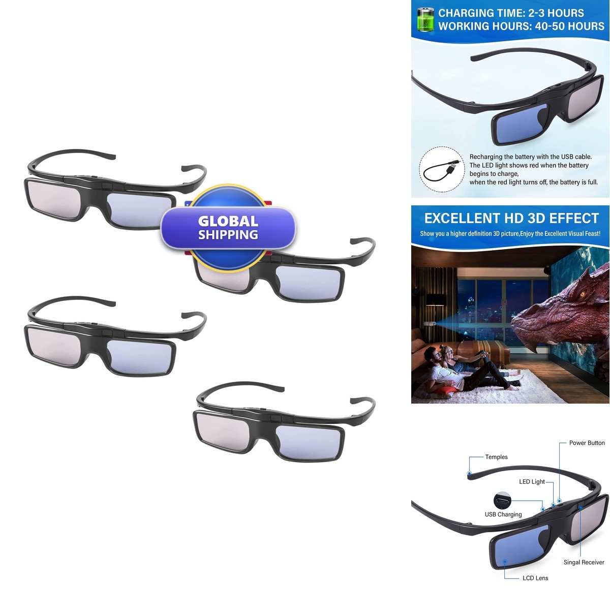 Active Shutter RF 3D Glasses Compatible TDG-BT500A SSG-5100GB AN3DG40 Pack of 4