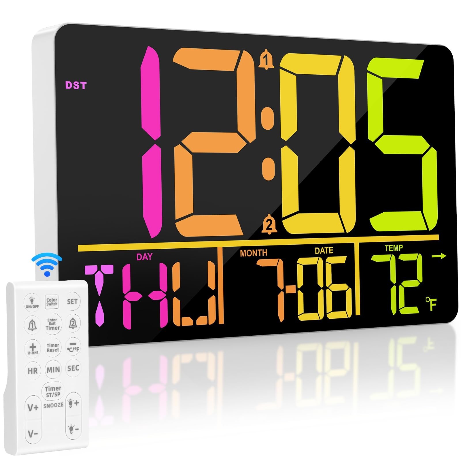 PERSUPER 13" Large Digital Wall Clock with Remote, RGB Color Changing, 25 Rin...