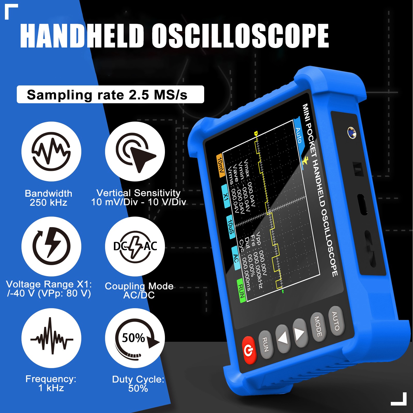 Mini Digital Oscilloscope w/ Auto Set, 250kHz Bandwidth, 3Vpp Square Wave Output