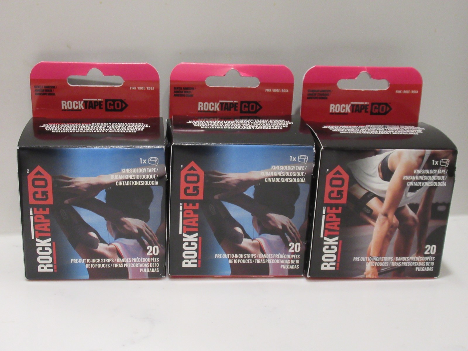 (3) RockTape Go 20 Pre-Cut 10" Strips Kinesiology Tape Lot Pink ~NEW IN BOXES~