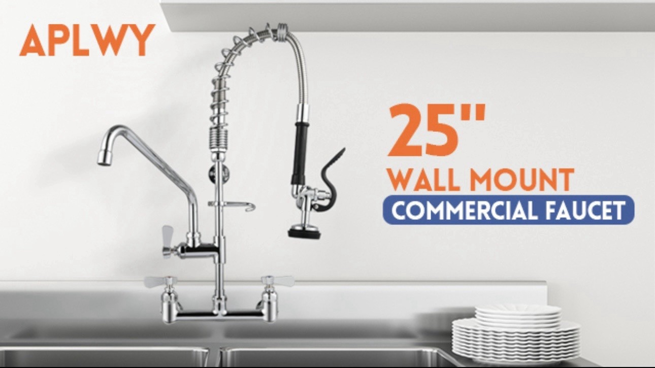 Commercial Kitchen Faucet with Sprayer 25” H 8" Adjustable Center 8" Swing Spout
