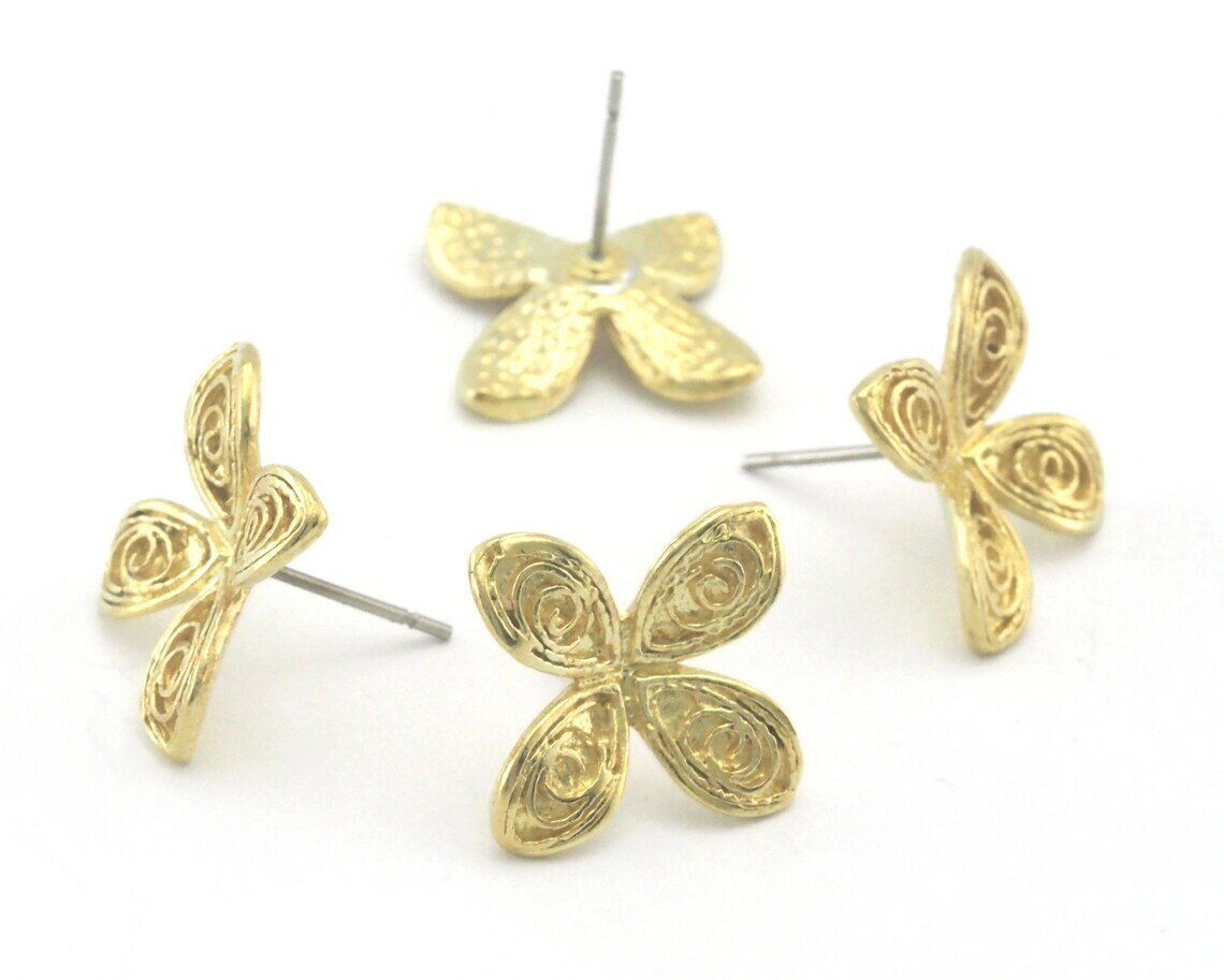 Flower blossom earring post stud wire base Raw brass 14.5x14.5mm 4367
