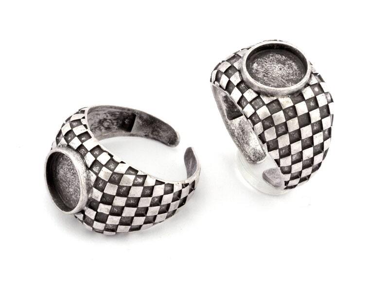 Square Checker Adjustable Ring Round Blank Bezel Setting - Antique Silver 4918