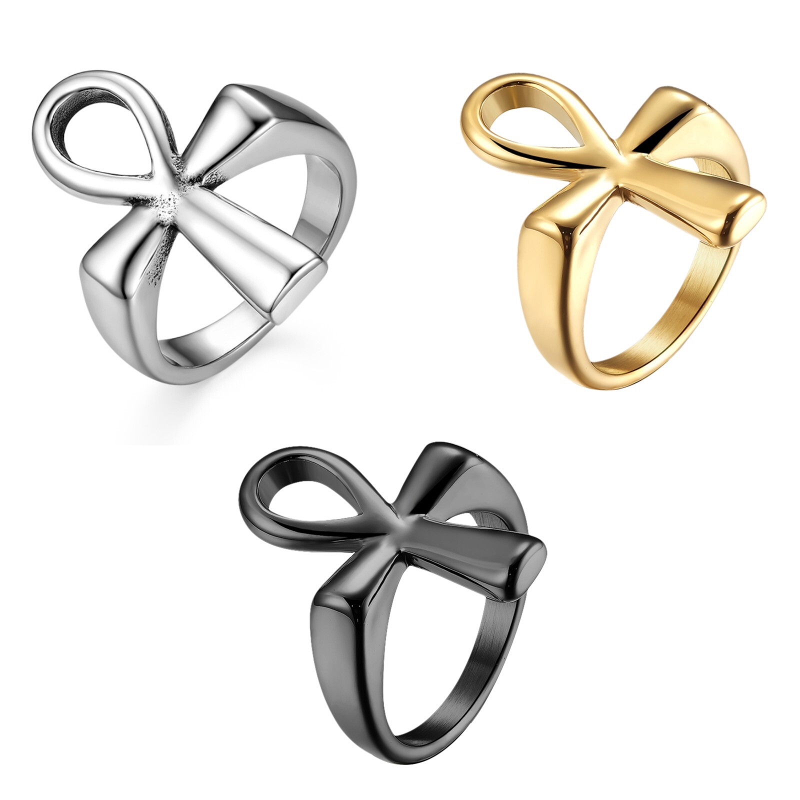 Ancient Egyptian Ankh Cross Ring Stainless Steel/Gold Plated Band for Men Women