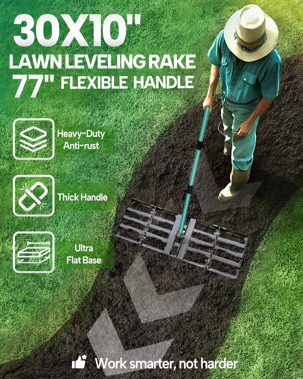 Lawn Leveling Rake, 30 Inch Yard Lawn Leveling for Soil with 78" Adjustable S...