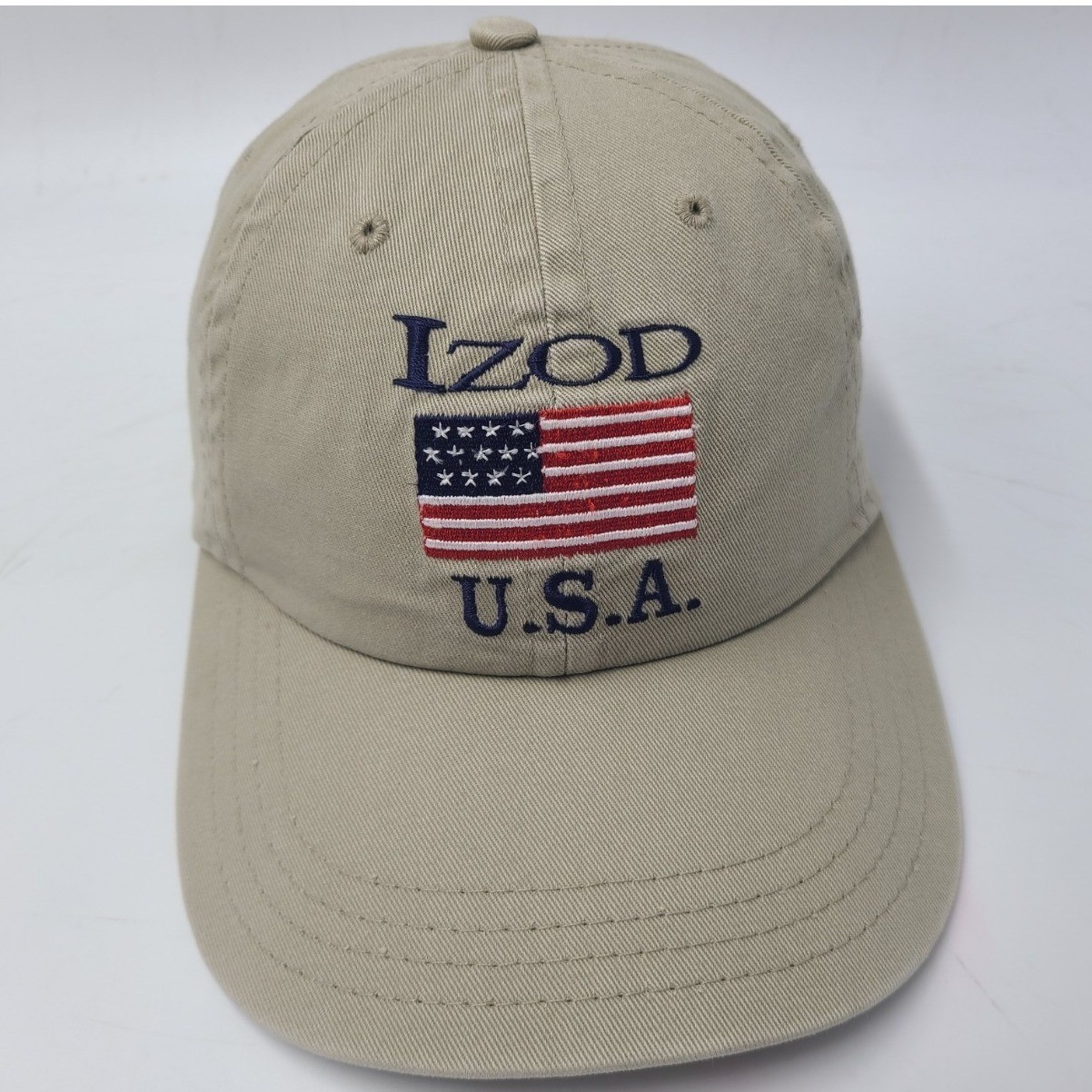 Vintage IZOD Hat Cap USA American Flag Strapback Adjustable Golf Dad Men Beige
