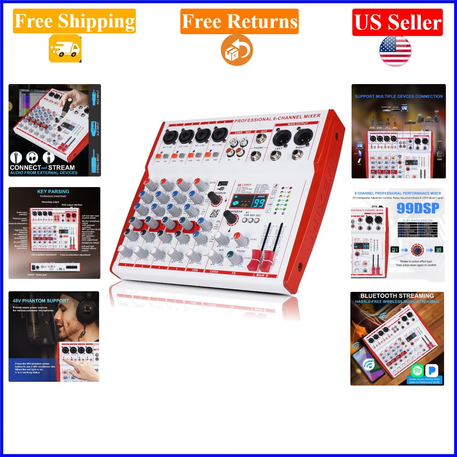 6-Channel DJ Audio Mixer with DSP Effects, USB, XLR, Portable