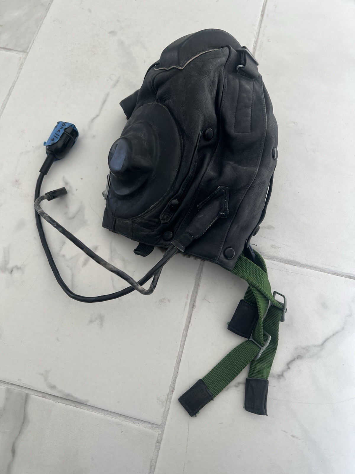 Military Leather Flight Helmet with Communication Wiring, Black, Green Straps