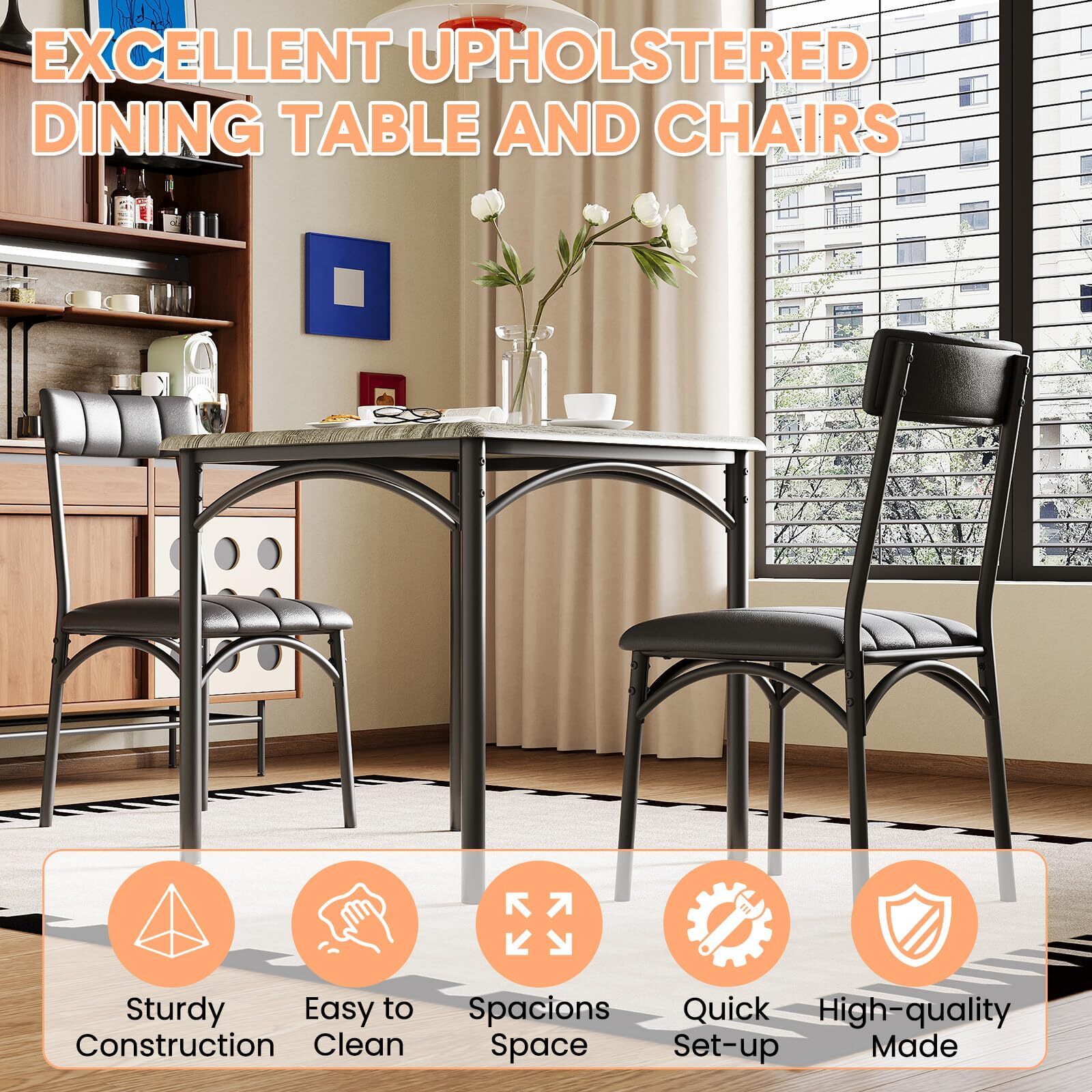 🔥3-Piece Kitchen Table and Upholstered Chairs Dining Table Set for Small Space