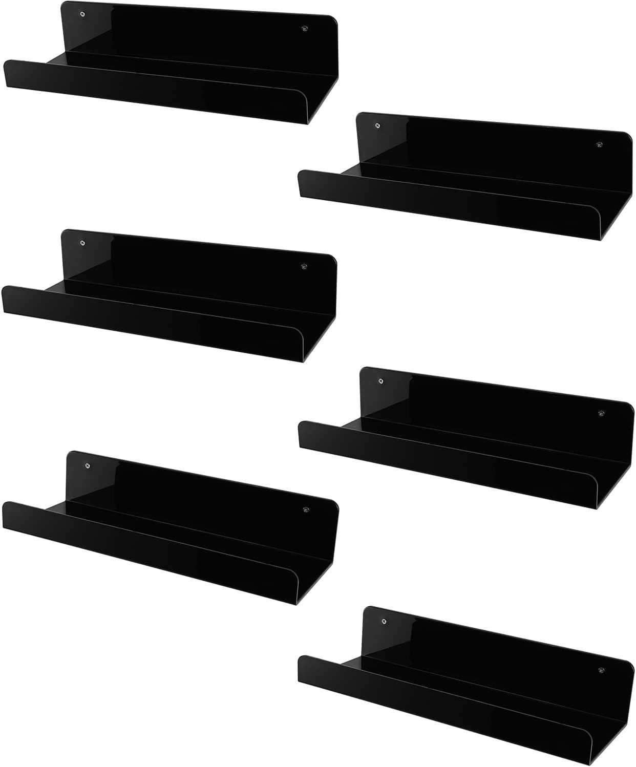 6 Pack Black Floating Shelves, 15 Inch Acrylic Shelves, Wall Mounted Bookshel...