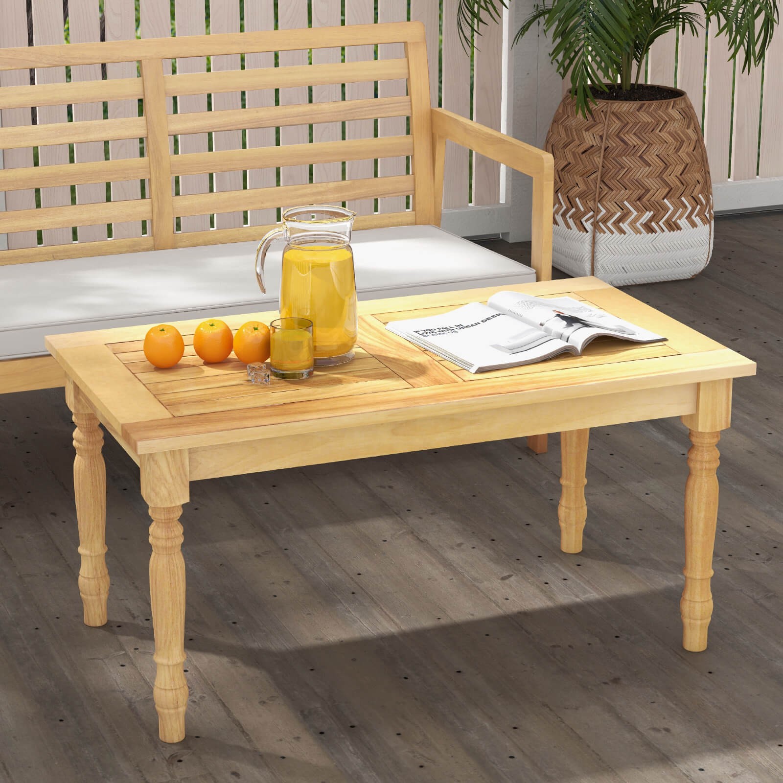 Patio Coffee Table with Solid Teak Wood Structure Slatted Tabletop for Backyard