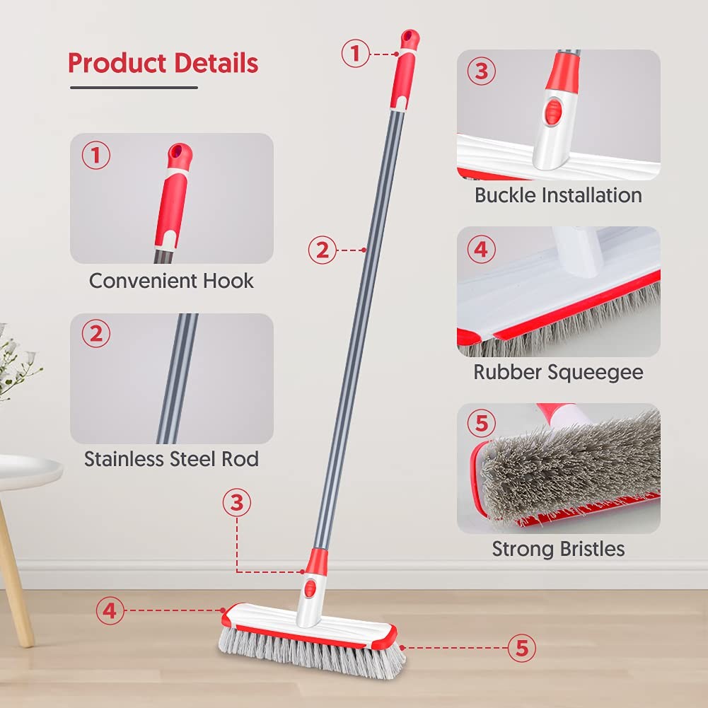 Floor Scrubber with Long Handle, 2 in 1 Scrubbing Brush Stiff Bristle Shower ...