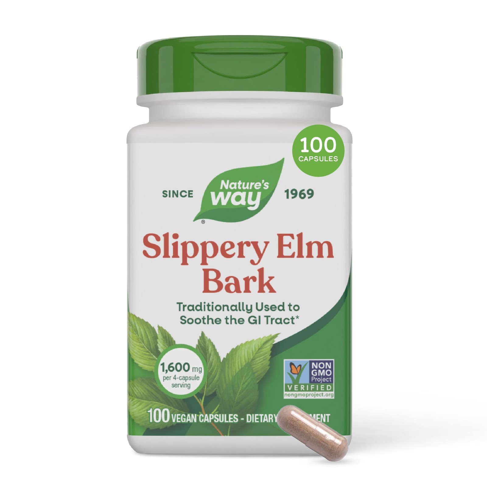 Nature's Way Slippery Elm Bark Capsules, 1,600 mg per Serving, 100 ct | Traditio