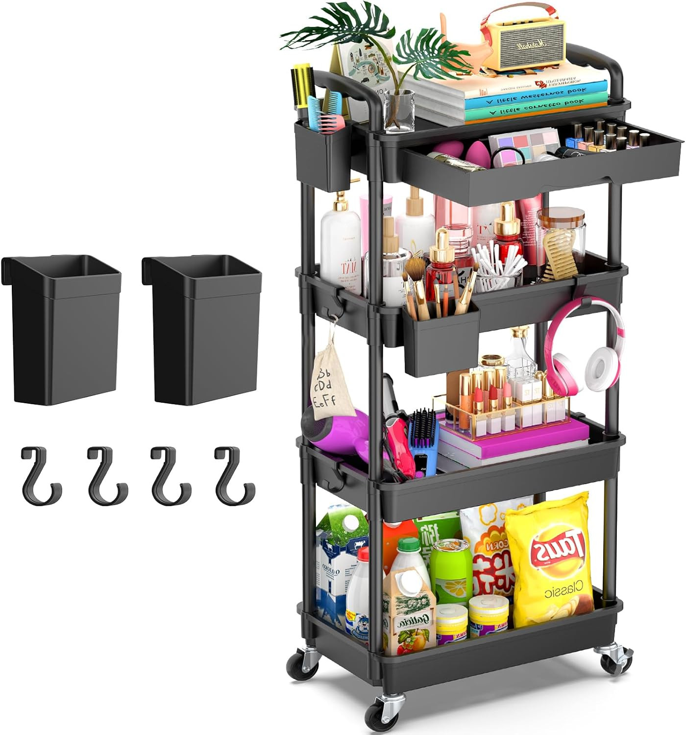 4 Tier Rolling Utility Cart Organizer with Removable Drawer, Stable and Sturdy B