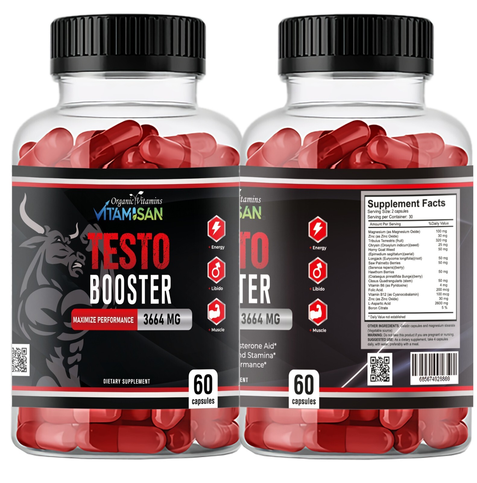 Testo Booster Supplement for Men 60 Caps | Vitality, Stamina, Energy | Vitamisan